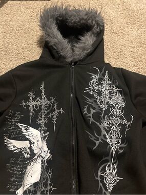 Black Hooded Jacket with Gray Faux Fur Trim and White Graphic